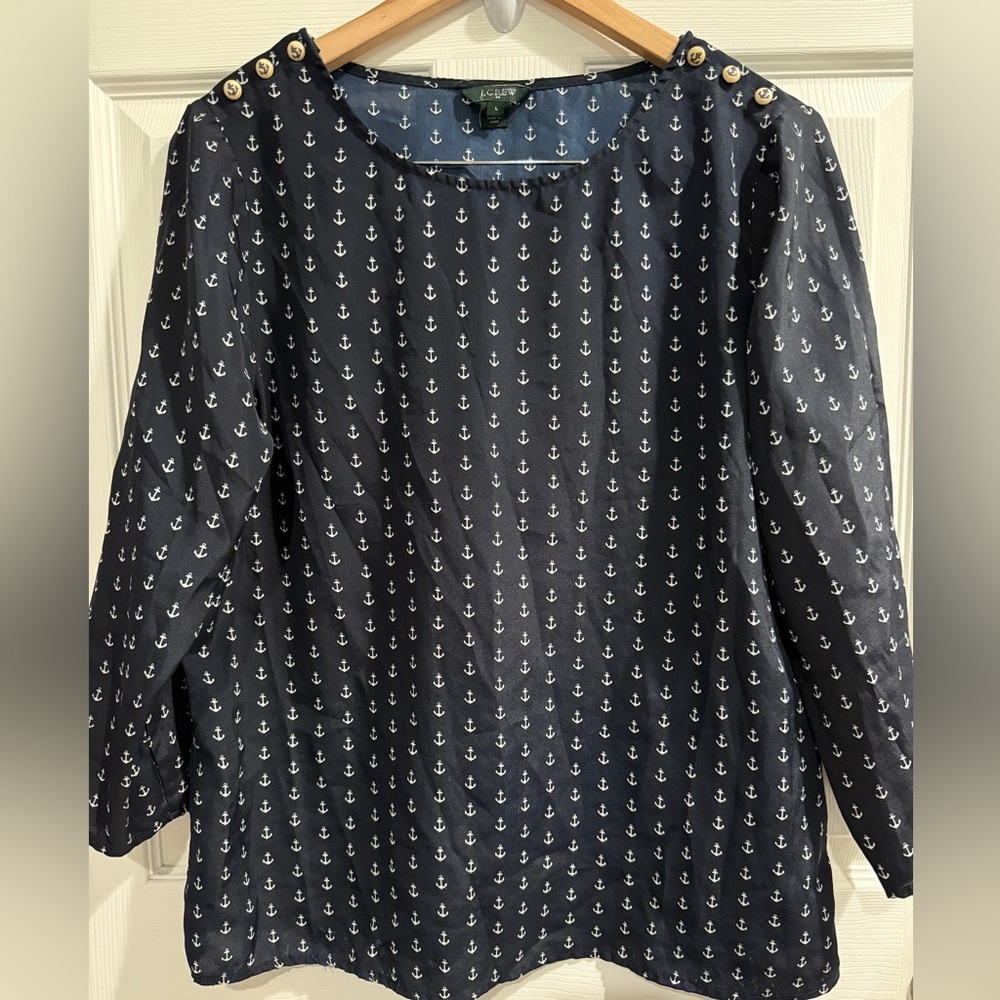 VTG J. Crew Navy Anchor Blouse Anchor Buttons Coastal Boating Sailing Yacht Club